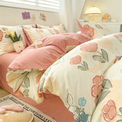 古吉梦 2024新款水洗棉小清新印花四件套 水洗棉-花花兔