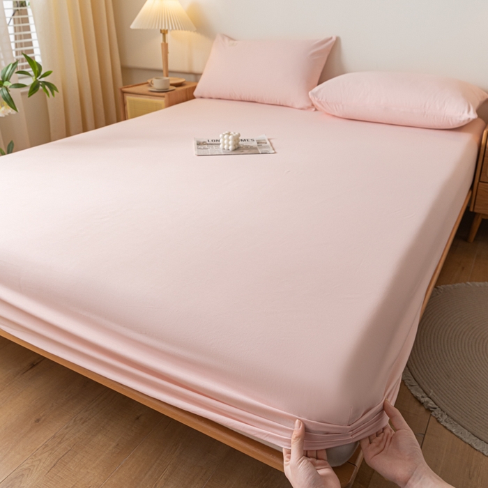 91家纺网 家纺一手货源 找家纺 ab家纺 2024新款A类40支水洗全棉床笠三件套 香芋粉