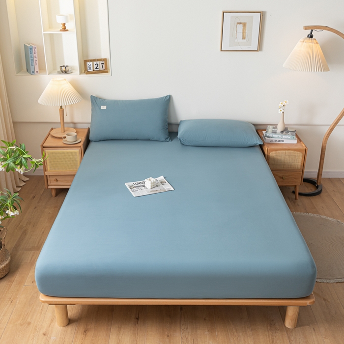 91家纺网 家纺一手货源 找家纺 ab家纺 2024新款A类40支水洗全棉床笠三件套 海天蓝