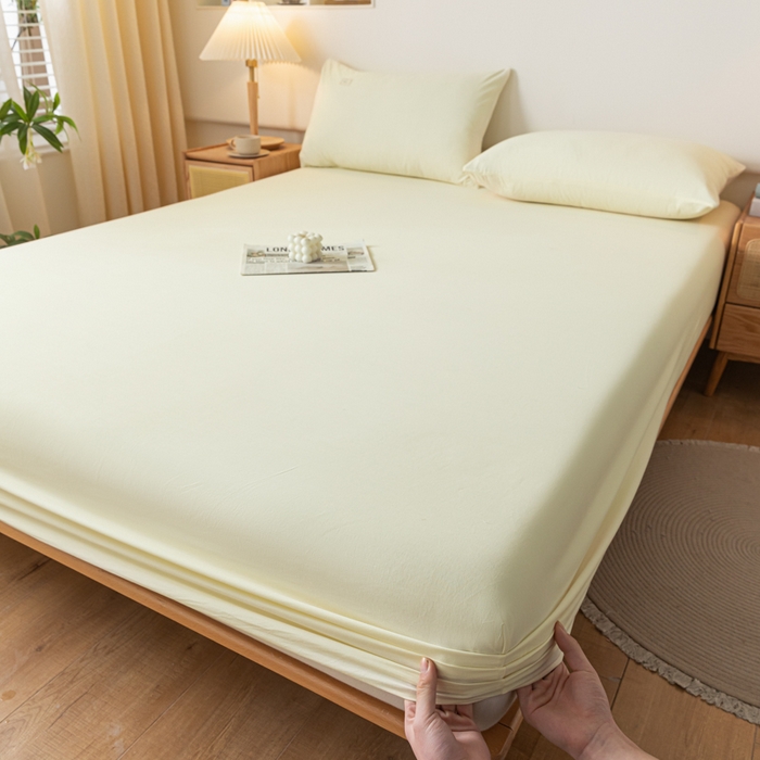 91家纺网 家纺一手货源 找家纺 ab家纺 2024新款A类40支水洗全棉床笠三件套 杏黄