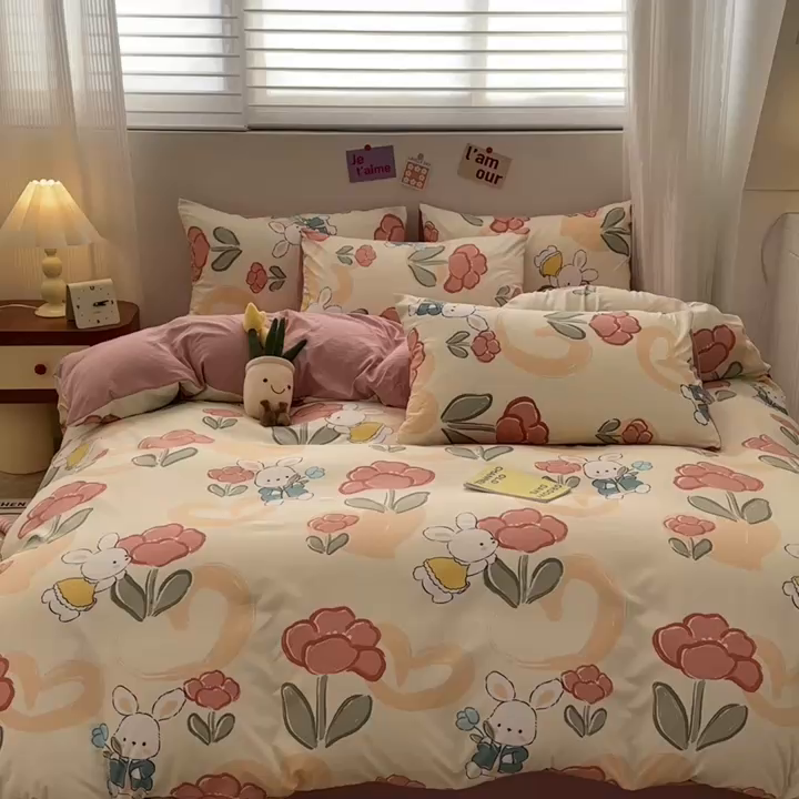 91家纺网 家纺一手货源 找家纺 古吉梦 2024新款水洗棉小清新印花四件套 水洗棉-花花兔