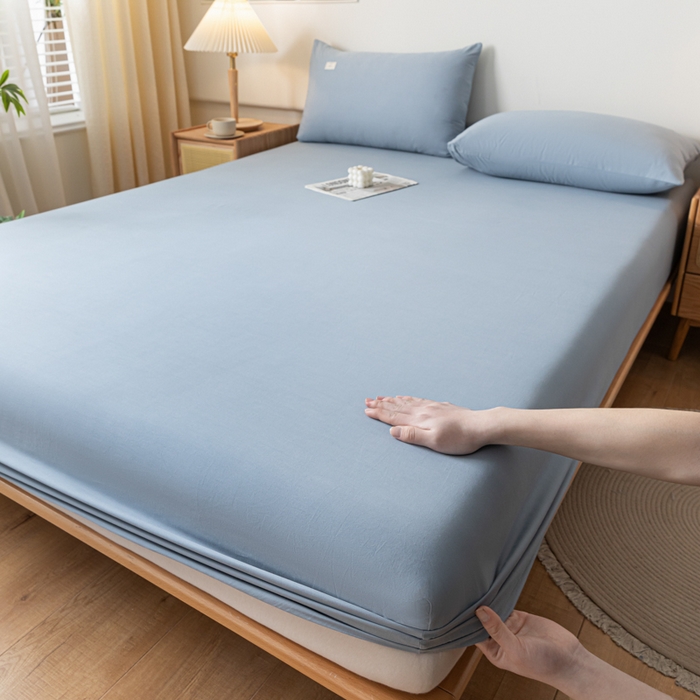 91家纺网 家纺一手货源 找家纺 ab家纺 2024新款A类40支水洗全棉床笠三件套 浅蓝