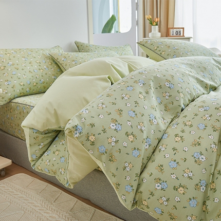 元元被业 2024新款小清新隐藏式全棉夹棉四件套床笠款 韩式清新-绿