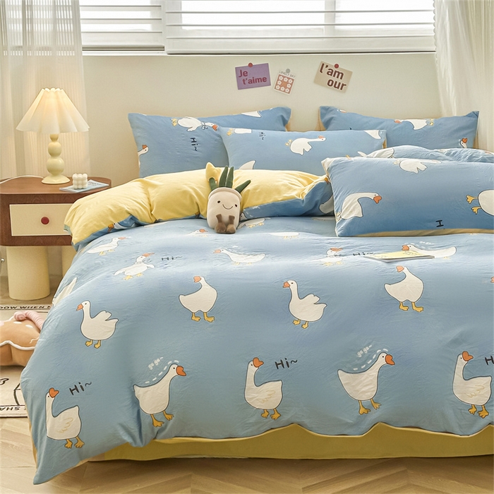 91家纺网 家纺一手货源 找家纺 古吉梦 2024新款水洗棉小清新印花四件套 水洗棉-开心鹅