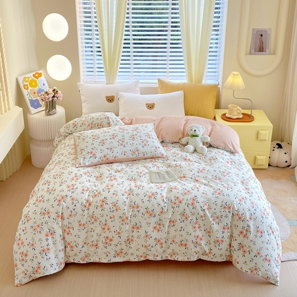 91家纺网 家纺一手货源 找家纺 洺兰 2025年全棉喷气印花四件套纯棉床单床笠款小清新花卉北欧风--单被套 海棠桔