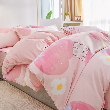 元元被业 2024新款小清新隐藏式全棉夹棉四件套床笠款 哈尼-粉