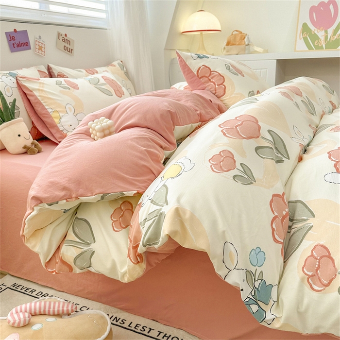 91家纺网 家纺一手货源 找家纺 古吉梦 2024新款水洗棉小清新印花四件套 水洗棉-花花兔