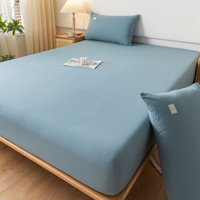 91家纺网 家纺一手货源 找家纺 ab家纺 2024新款A类40支水洗全棉床笠三件套 海天蓝