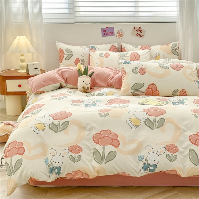 91家纺网 家纺一手货源 找家纺 古吉梦 2024新款水洗棉小清新印花四件套 水洗棉-花花兔