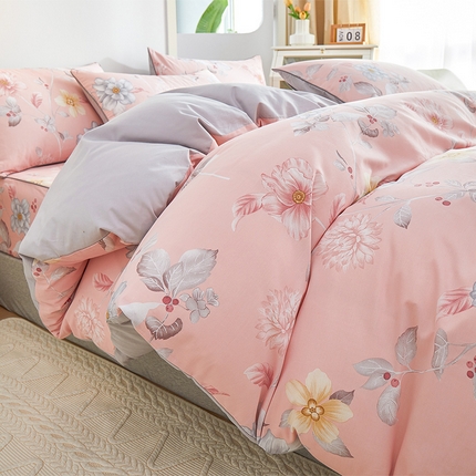 元元被业 2024新款小清新隐藏式全棉夹棉四件套床笠款 花之绚烂-粉