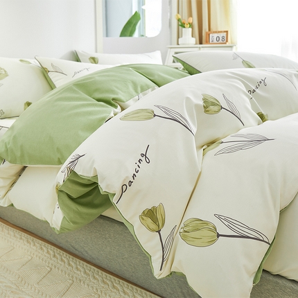 元元被业 2024新款小清新隐藏式全棉夹棉四件套床笠款 娇兰-绿