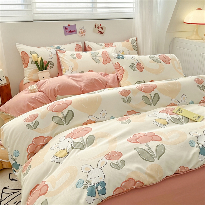 91家纺网 家纺一手货源 找家纺 古吉梦 2024新款水洗棉小清新印花四件套 水洗棉-花花兔