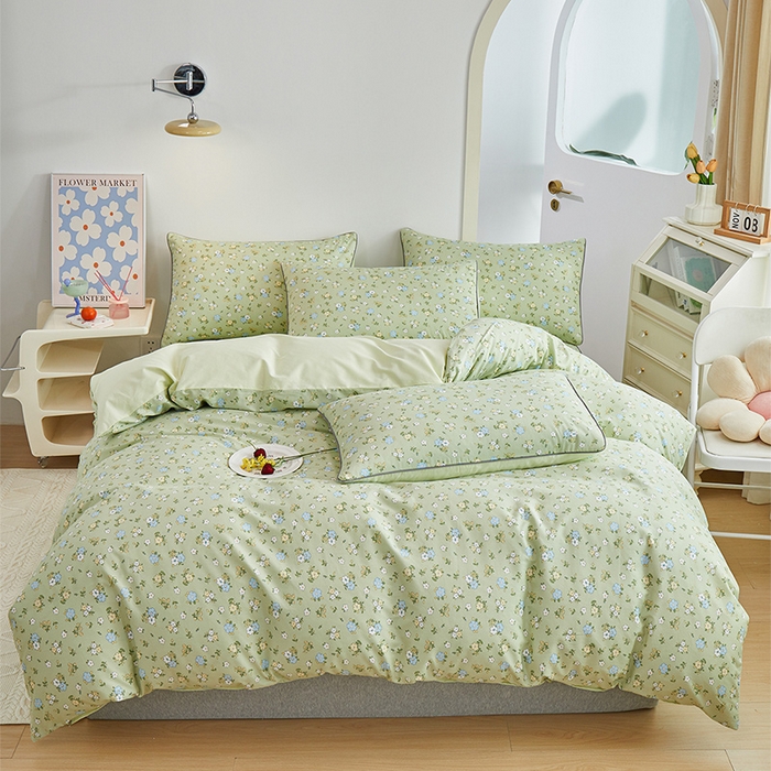 91家纺网 家纺一手货源 找家纺 元元被业 2024新款小清新隐藏式全棉夹棉四件套床笠款 韩式清新-绿