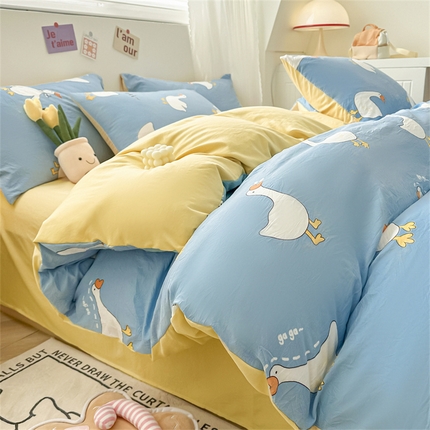 古吉梦 2024新款水洗棉小清新印花四件套 水洗棉-开心鹅