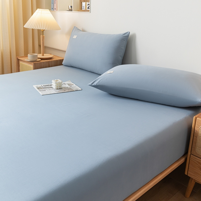 91家纺网 家纺一手货源 找家纺 ab家纺 2024新款A类40支水洗全棉床笠三件套 浅蓝