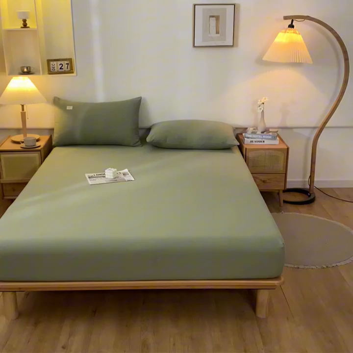 91家纺网 家纺一手货源 找家纺 ab家纺 2024新款A类40支水洗全棉床笠三件套 螺旋藻绿