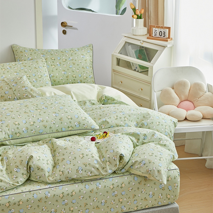91家纺网 家纺一手货源 找家纺 元元被业 2024新款小清新隐藏式全棉夹棉四件套床笠款 韩式清新-绿