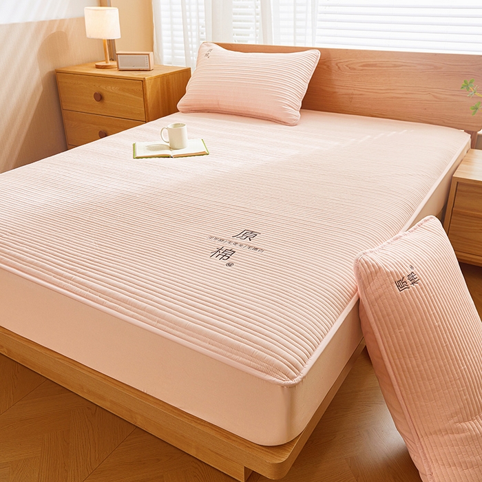 91家纺网 家纺一手货源 找家纺 喜居 2024新款原棉大豆夹棉床笠 浅粉