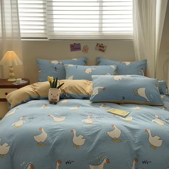 91家纺网 家纺一手货源 找家纺 古吉梦 2024新款水洗棉小清新印花四件套 水洗棉-开心鹅