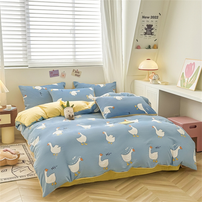 91家纺网 家纺一手货源 找家纺 古吉梦 2024新款水洗棉小清新印花四件套 水洗棉-开心鹅