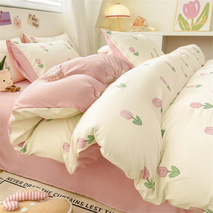 91家纺网 家纺一手货源 找家纺 古吉梦 2024新款水洗棉小清新印花四件套 水洗棉-粉郁盛开