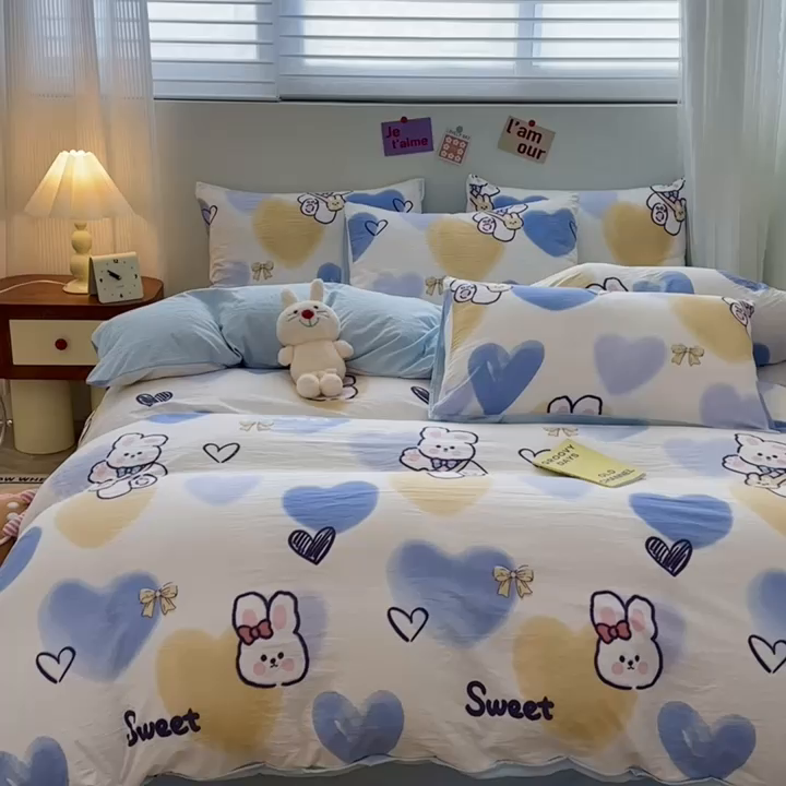 91家纺网 家纺一手货源 找家纺 古吉梦 2024新款水洗棉小清新印花四件套 水洗棉-爱心熊