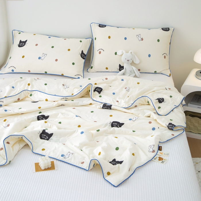 91家纺网 家纺一手货源 找家纺 维洋 2025新款A类针织大豆被夏被被子 波点黑猫