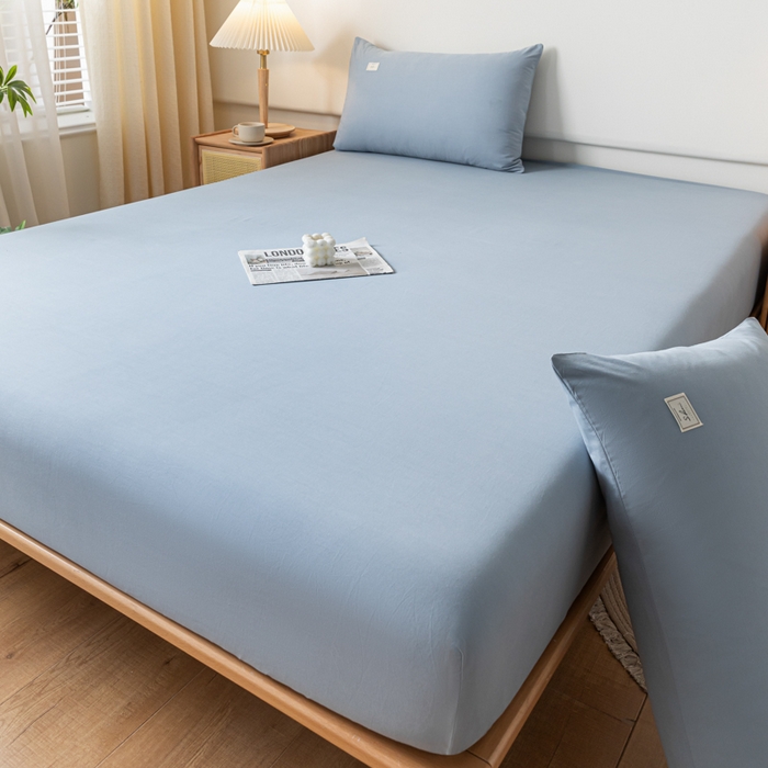 91家纺网 家纺一手货源 找家纺 ab家纺 2024新款A类40支水洗全棉床笠三件套 浅蓝