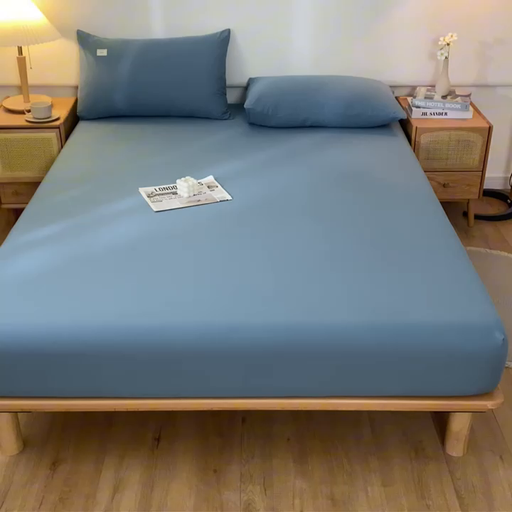 91家纺网 家纺一手货源 找家纺 ab家纺 2024新款A类40支水洗全棉床笠三件套 海天蓝