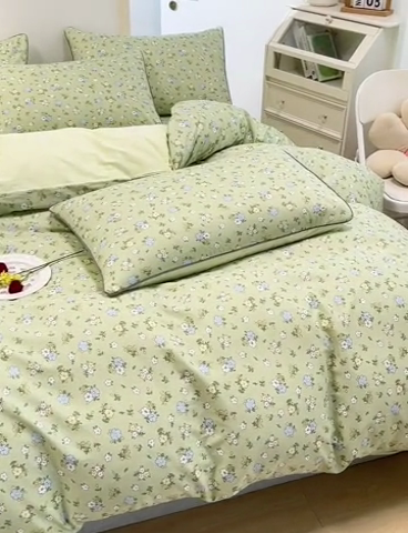 91家纺网 家纺一手货源 找家纺 元元被业 2024新款小清新隐藏式全棉夹棉四件套床笠款 韩式清新-绿