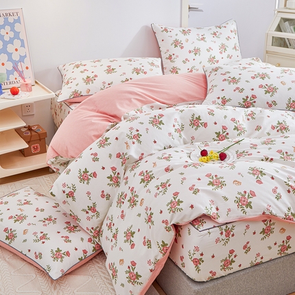 91家纺网 家纺一手货源 找家纺 （总）元元被业 2024新款小清新隐藏式全棉夹棉四件套床笠款