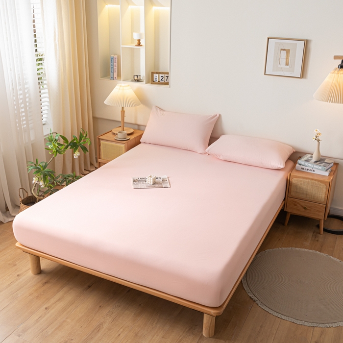 91家纺网 家纺一手货源 找家纺 ab家纺 2024新款A类40支水洗全棉床笠三件套 香芋粉