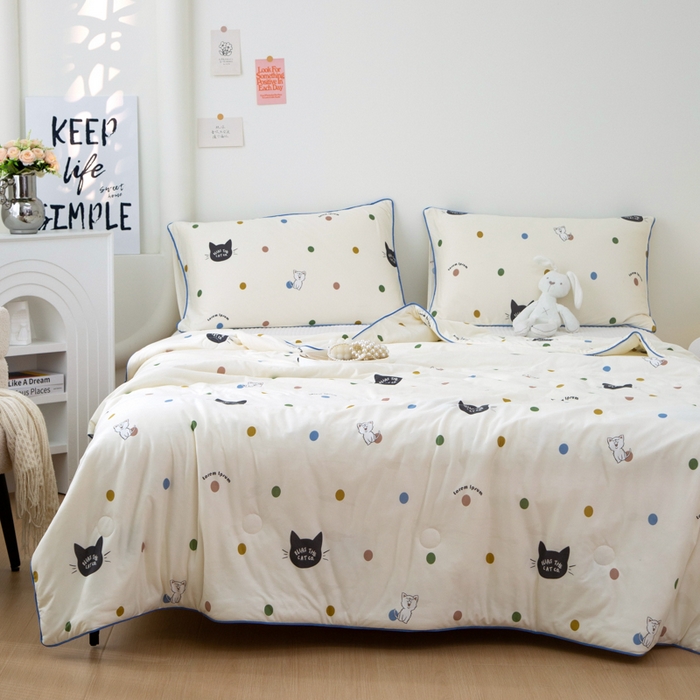 91家纺网 家纺一手货源 找家纺 维洋 2025新款A类针织大豆被夏被被子 波点黑猫