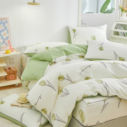 91家纺网 家纺一手货源 找家纺 （总）元元被业 2024新款小清新隐藏式全棉夹棉四件套床笠款