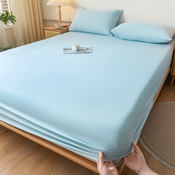 91家纺网 家纺一手货源 找家纺 ab家纺 2024新款A类40支水洗全棉床笠三件套 天空蓝