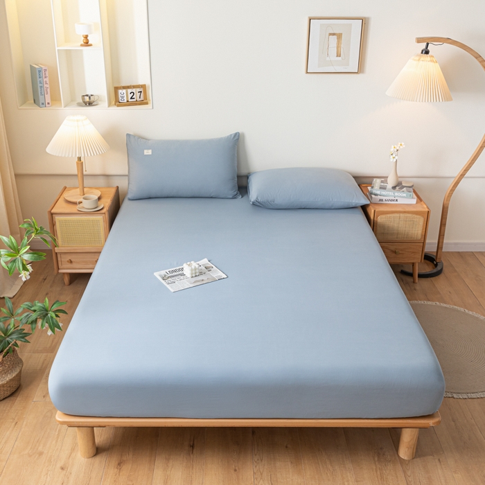 91家纺网 家纺一手货源 找家纺 ab家纺 2024新款A类40支水洗全棉床笠三件套 浅蓝