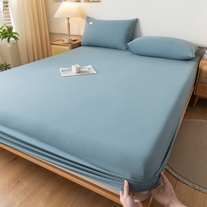 91家纺网 家纺一手货源 找家纺 ab家纺 2024新款A类40支水洗全棉床笠三件套 海天蓝