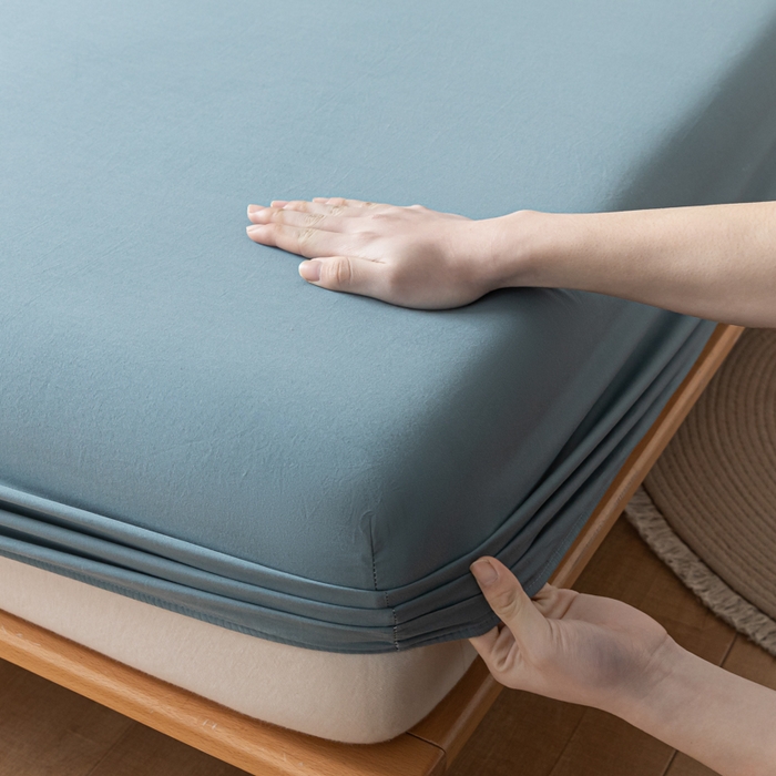 91家纺网 家纺一手货源 找家纺 ab家纺 2024新款A类40支水洗全棉床笠三件套 海天蓝