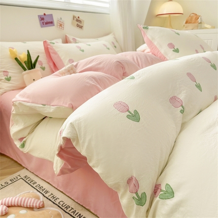 古吉梦 2024新款水洗棉小清新印花四件套 水洗棉-粉郁盛开