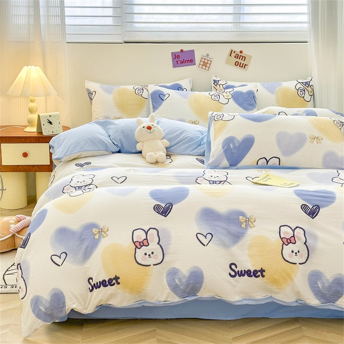 91家纺网 家纺一手货源 找家纺 古吉梦 2024新款水洗棉小清新印花四件套 水洗棉-爱心熊