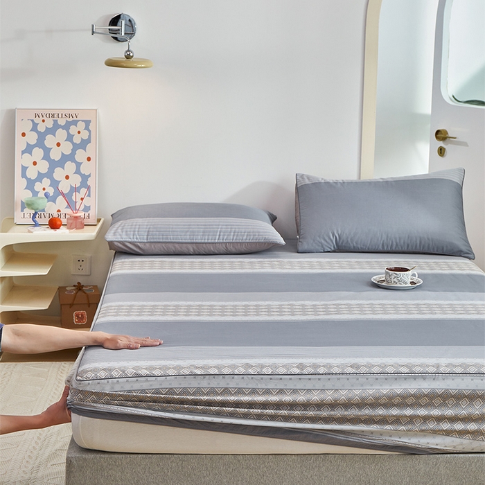 91家纺网 家纺一手货源 找家纺 元元 2024新款小清新隐藏式夹棉套件单品-夹棉床笠 印象都市-灰