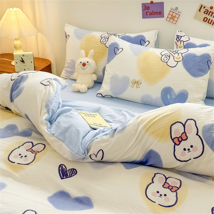 91家纺网 家纺一手货源 找家纺 古吉梦 2024新款水洗棉小清新印花四件套 水洗棉-爱心熊