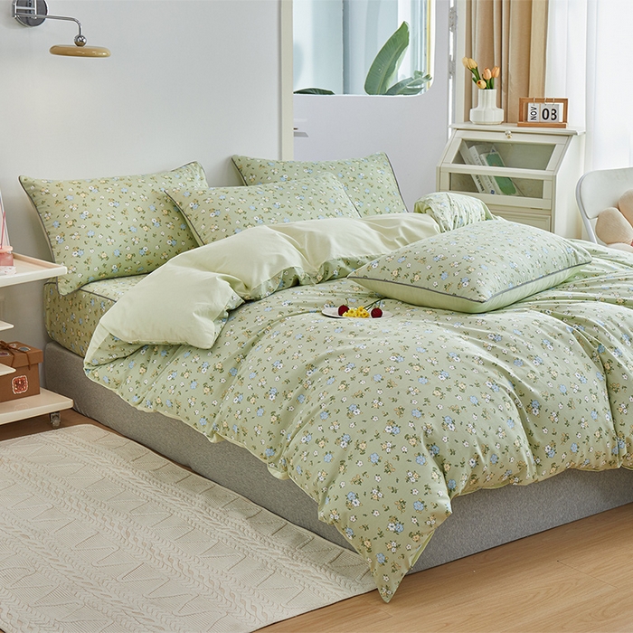 91家纺网 家纺一手货源 找家纺 元元被业 2024新款小清新隐藏式全棉夹棉四件套床笠款 韩式清新-绿