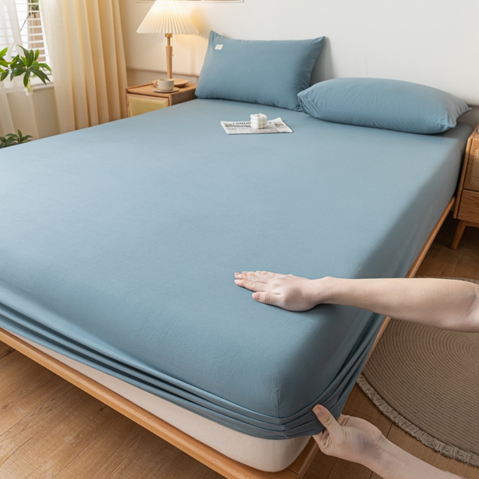 91家纺网 家纺一手货源 找家纺 ab家纺 2024新款A类40支水洗全棉床笠三件套 海天蓝