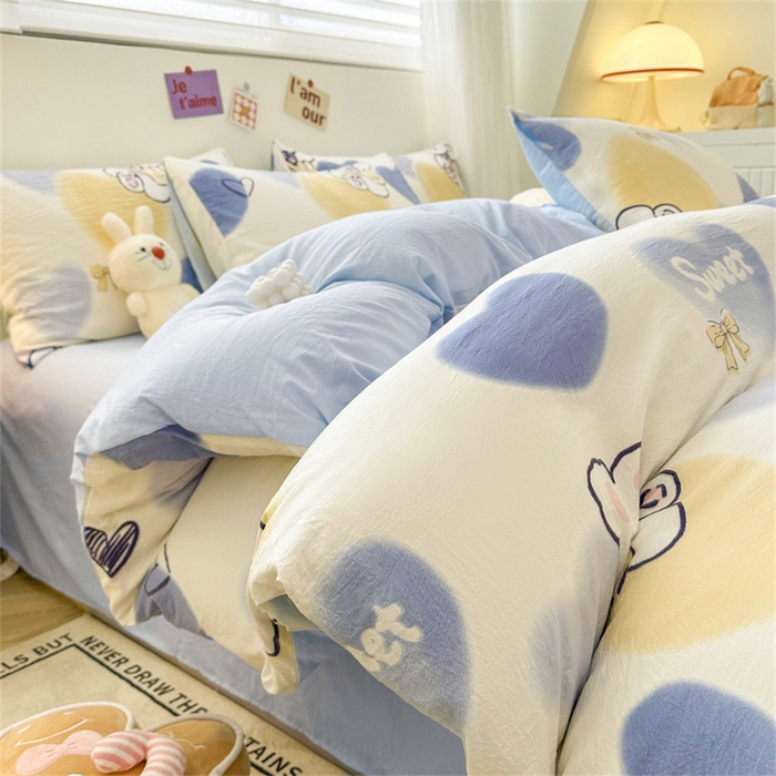 91家纺网 家纺一手货源 找家纺 古吉梦 2024新款水洗棉小清新印花四件套 水洗棉-爱心熊