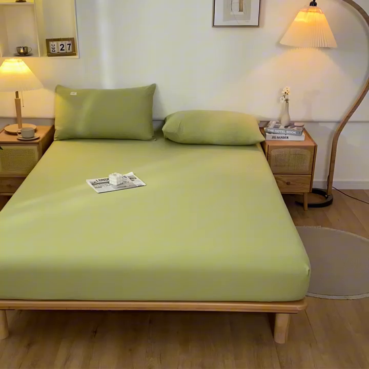 91家纺网 家纺一手货源 找家纺 ab家纺 2024新款A类40支水洗全棉床笠三件套 橄榄绿