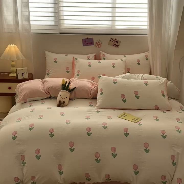 91家纺网 家纺一手货源 找家纺 古吉梦 2024新款水洗棉小清新印花四件套 水洗棉-粉郁盛开