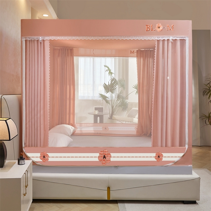 91家纺网 家纺一手货源 找家纺 艾晶美 2025新款轻奢风坐床式布帘遮光蚊帐 山茶花