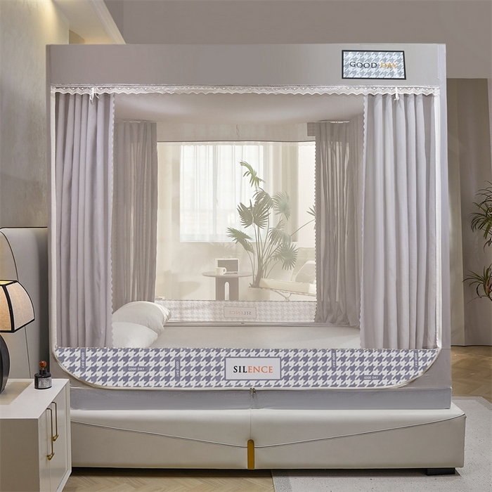 91家纺网 家纺一手货源 找家纺 艾晶美 2025新款轻奢风坐床式布帘遮光蚊帐 千鸟格-灰