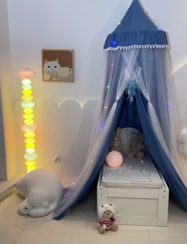 91家纺网 家纺一手货源 找家纺 艾晶美 2025新款儿童圆形尖顶双层布帘蚊帐 玲珑天蓝